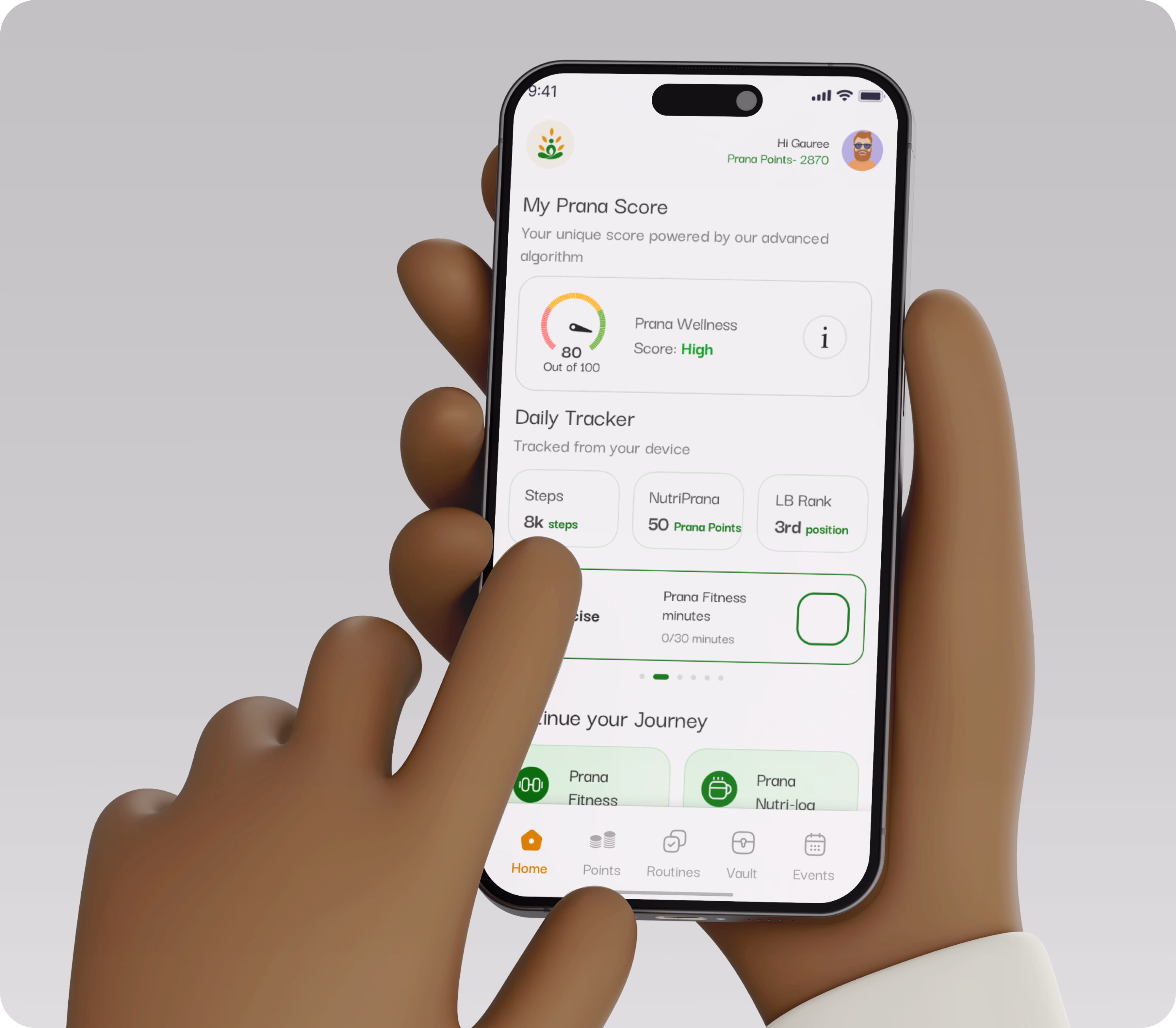 Prana AI mobile application hero showcase highlighting facial scanning and wellness score
