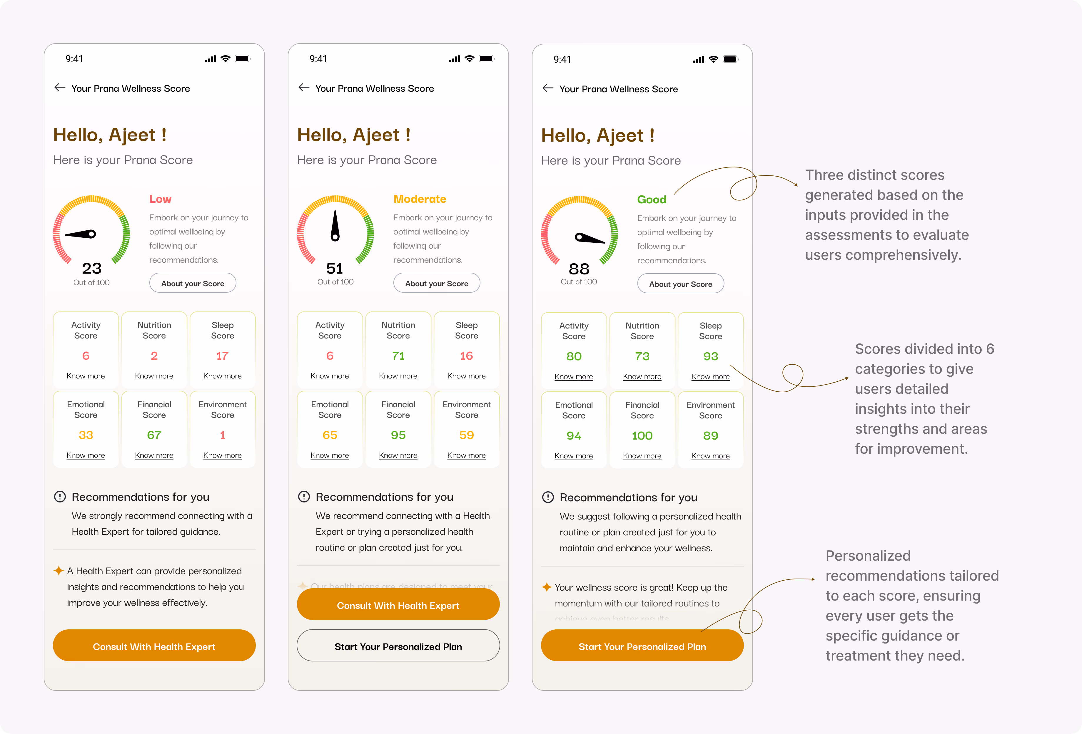 Prana AI health breakdown and AI wellness score metrics dashboard