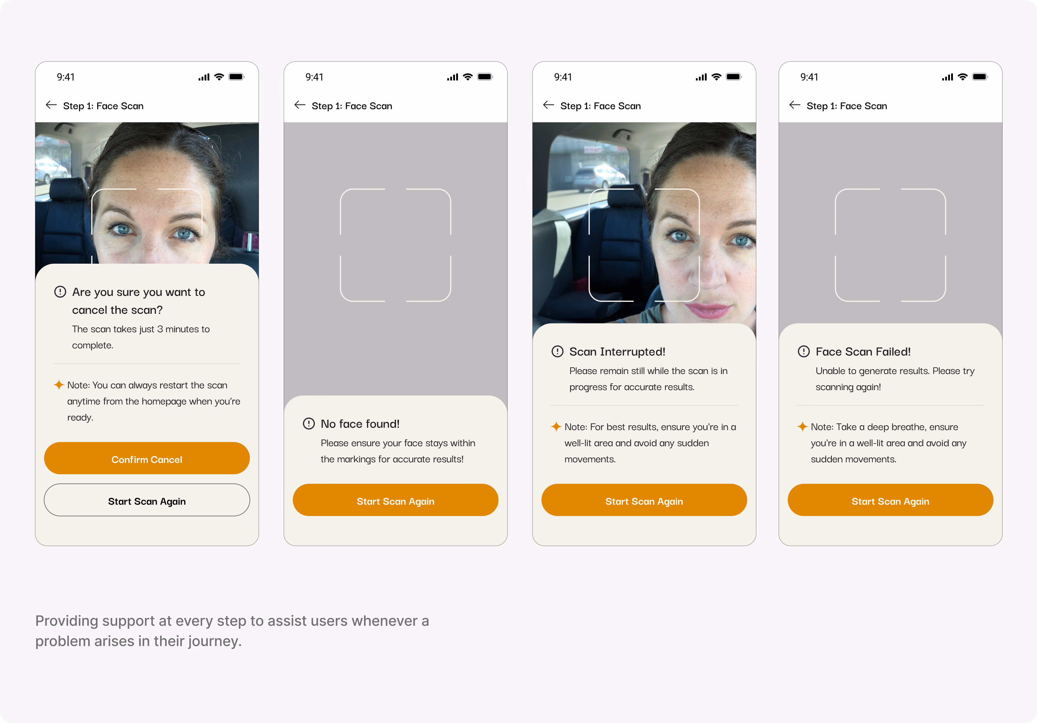 Prana AI facial scan error handling and retry guidance screens