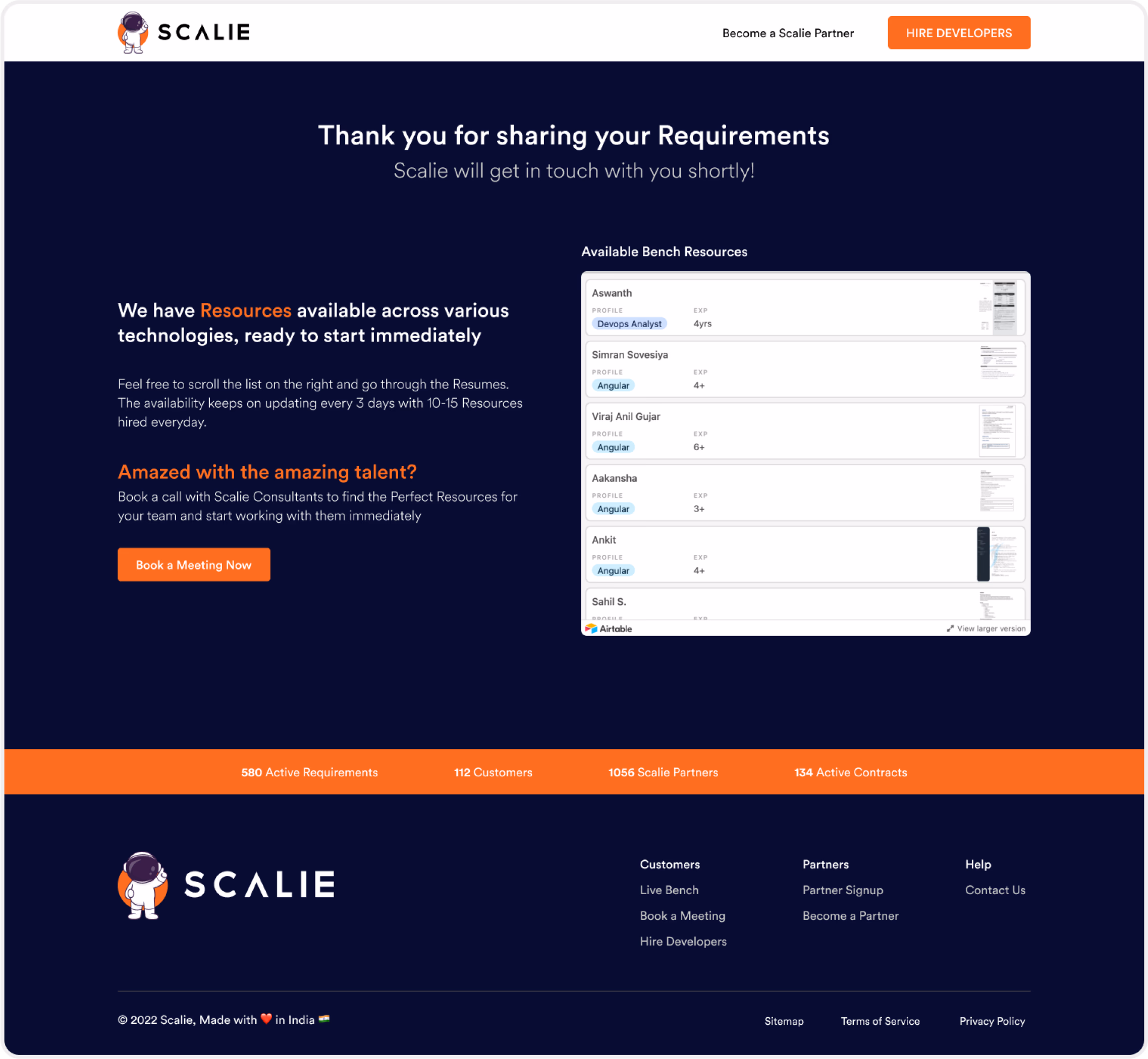 Scalie client requirement submission confirmation and available bench preview